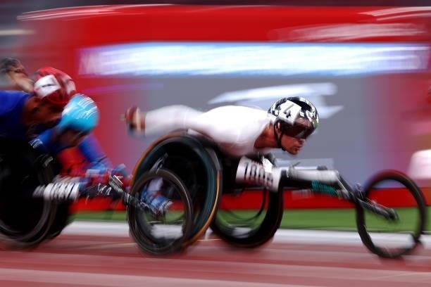 Marcel Hug of Team Switzerland on his way to winning gold in the Men’s 5000m - T54 Final on day 4 of the Tokyo 2020 Paralympic Games at Olympic...