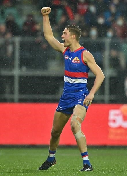 Josh Schache of the Bulldogs celebrates kicking a goal during the AFL First Elimination Final match between Western Bulldogs and Essendon Bombers at...