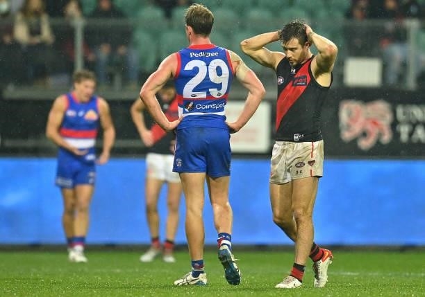 Zach Merrett of the Bombers looks dejected after losing the AFL First Elimination Final match between Western Bulldogs and Essendon Bombers at...