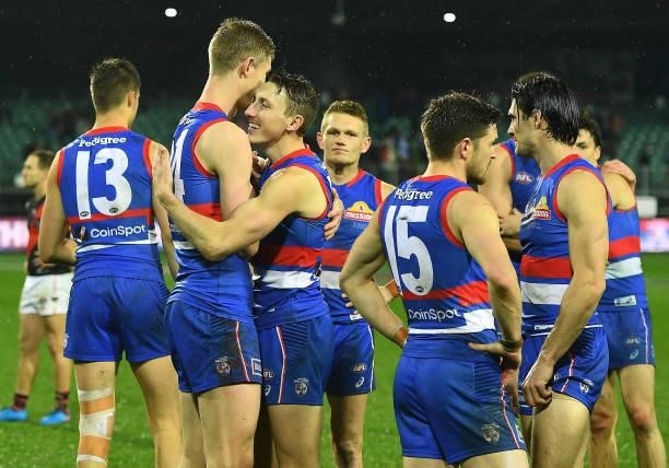 The Bulldogs celebrate winning the AFL First Elimination Final match between Western Bulldogs and Essendon Bombers at University of Tasmania Stadium...