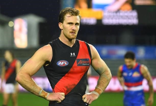 James Stewart of the Bombers looks dejected after losing the AFL First Elimination Final match between Western Bulldogs and Essendon Bombers at...