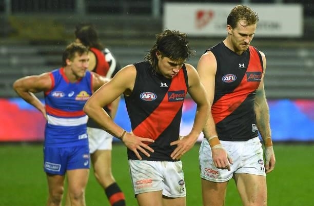 Sam Durham and James Stewart of the Bombers look dejected after losing the AFL First Elimination Final match between Western Bulldogs and Essendon...