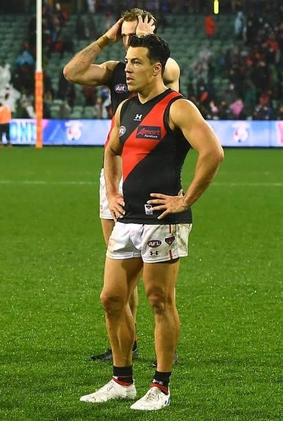 Dylan Shiel and James Stewart of the Bombers look dejected after losing the AFL First Elimination Final match between Western Bulldogs and Essendon...
