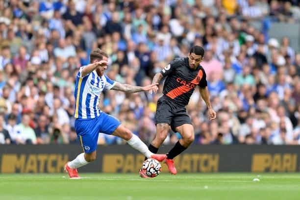 Allan of Everton challenges for the ball during the Premier League match between Brighton & Hove Albion and Everton at American Express Community...