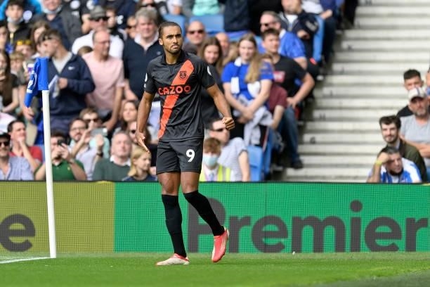 Dominic Calvert-Lewin of Everton celebrates his goal during the Premier League match between Brighton & Hove Albion and Everton at American Express...