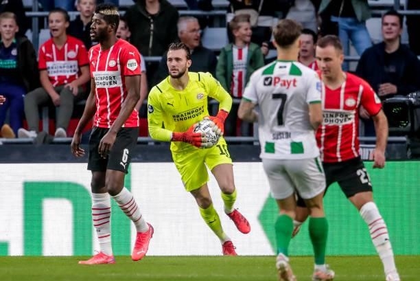 Goalkeeper Joel Drommel of PSV during the Dutch Eredivisie match between PSV and FC Groningen at Philips Stadion on August 28, 2021 in Eindhoven,...