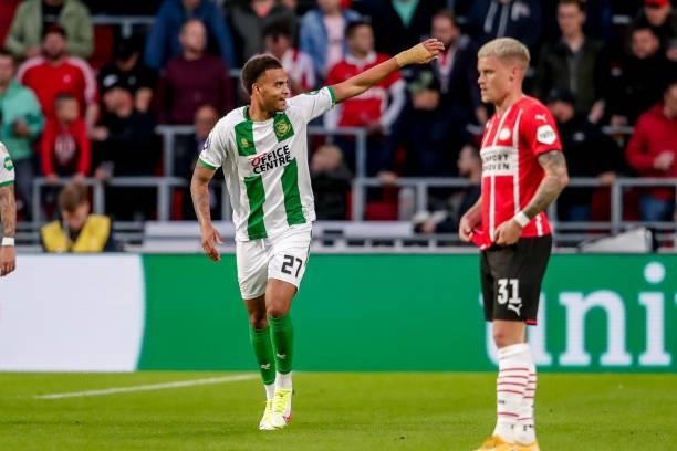 Cyril Ngonge of FC Groningen celebrates his goal during the Dutch Eredivisie match between PSV and FC Groningen at Philips Stadion on August 28, 2021...