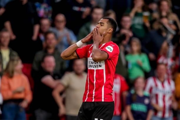 Cody Gakpo of PSV celebrates his goal during the Dutch Eredivisie match between PSV and FC Groningen at Philips Stadion on August 28, 2021 in...