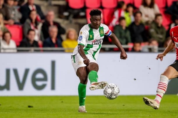 Azor Matusiwa of FC Groningen during the Dutch Eredivisie match between PSV and FC Groningen at Philips Stadion on August 28, 2021 in Eindhoven,...