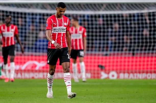 Cody Gakpo of PSV looks dejected during the Dutch Eredivisie match between PSV and FC Groningen at Philips Stadion on August 28, 2021 in Eindhoven,...