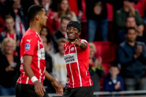 Noni Madueke of PSV during the Dutch Eredivisie match between PSV and FC Groningen at Philips Stadion on August 28, 2021 in Eindhoven, Netherlands.