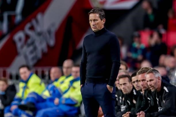 Headcoach Roger Schmidt of PSV during the Dutch Eredivisie match between PSV and FC Groningen at Philips Stadion on August 28, 2021 in Eindhoven,...