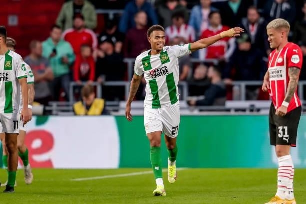 Cyril Ngonge of FC Groningen celebrates his goal during the Dutch Eredivisie match between PSV and FC Groningen at Philips Stadion on August 28, 2021...