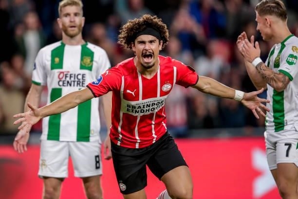 Andre Ramalho of PSV celebrates the goal during the Dutch Eredivisie match between PSV and FC Groningen at Philips Stadion on August 28, 2021 in...