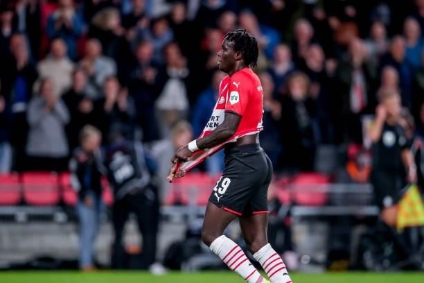 Bruma of PSV celebrates his goal during the Dutch Eredivisie match between PSV and FC Groningen at Philips Stadion on August 28, 2021 in Eindhoven,...