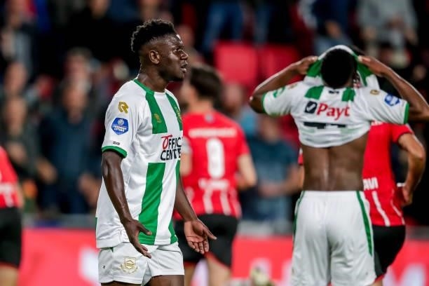 Azor Matusiwa of FC Groningen looks dejected during the Dutch Eredivisie match between PSV and FC Groningen at Philips Stadion on August 28, 2021 in...