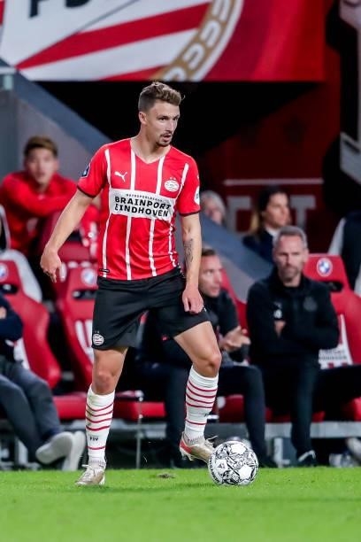 Olivier Boscagli of PSV during the Dutch Eredivisie match between PSV and FC Groningen at Philips Stadion on August 28, 2021 in Eindhoven,...