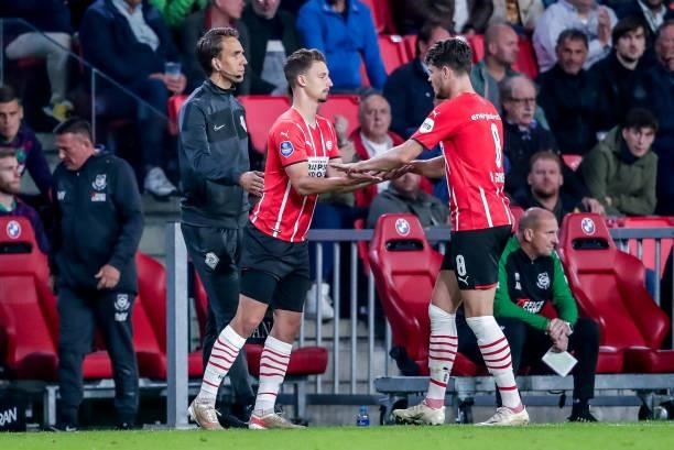 Olivier Boscagli of PSV, Marco van Ginkel of PSV during the Dutch Eredivisie match between PSV and FC Groningen at Philips Stadion on August 28, 2021...