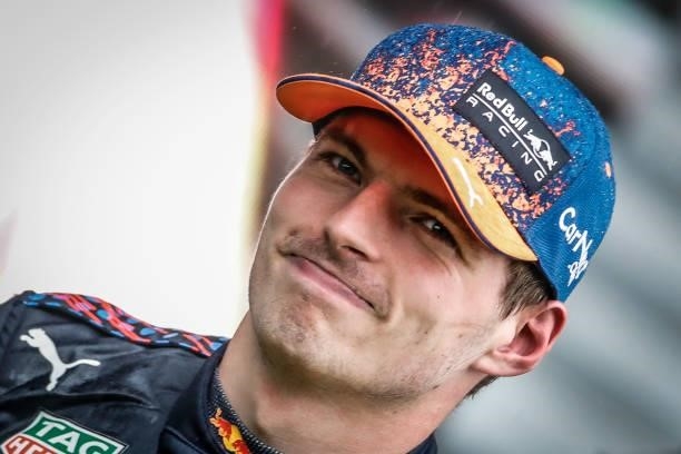Max Verstappen of Netherlands and Red Bull Racing smiles during the F1 Rolex Belgian Grand Prix 2021 Qualifying at Circuit de Francorchamps on August...