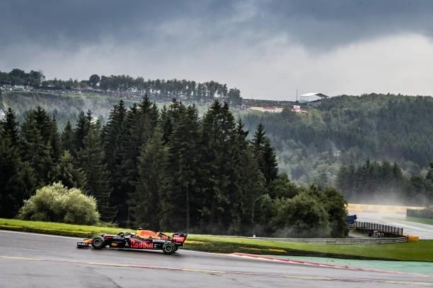 Max Verstappen of the Netherlands driving the Red Bull Racing RB16B Honda is the Poleman in wet qualifying during the F1 Rolex Belgian Grand Prix...