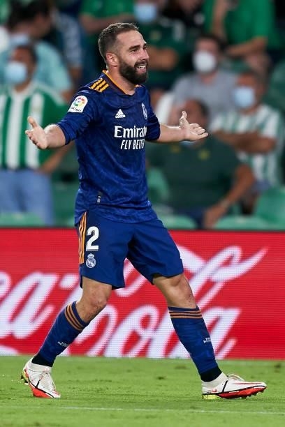 Dani Carvajal of Real Madrid celebrates after scoring his team's first goal during the La Liga Santander match between Real Betis and Real Madrid CF...