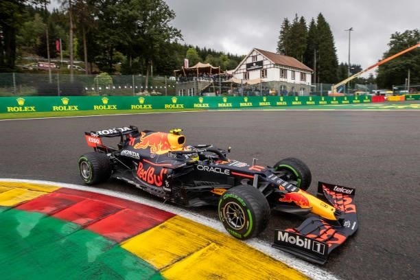 Sergio Perez of Mexico driving the Red Bull Racing RB16B Honda during qualifying for the F1 Rolex Belgian Grand Prix 2021 at Circuit de Francorchamps...