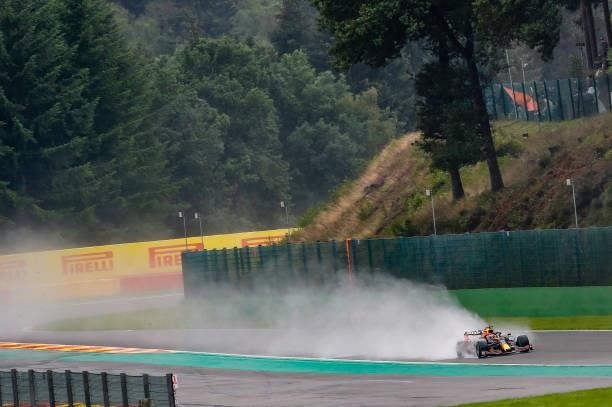Max Verstappen of the Netherlands driving the Red Bull Racing RB16B Honda is the Poleman in wet qualifying during the F1 Rolex Belgian Grand Prix...
