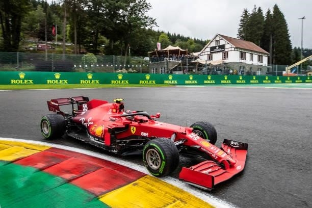 Carlos Sainz of Spain driving the Scuderia Ferrari SF21 during the F1 Rolex Belgian Grand Prix 2021 Qualifying at Circuit de Francorchamps on August...