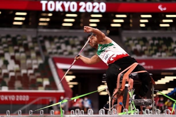 Amanolah Papi of Team Iran competes in the Men’s Javelin Throw – F57 Final on day 4 of the Tokyo 2020 Paralympic Games at Olympic Stadium on August...