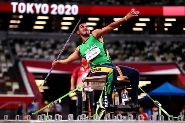 Cicero Valdiran Lins Nobre of Team Brazil competes in the Men’s Javelin Throw – F57 Final on day 4 of the Tokyo 2020 Paralympic Games at Olympic...