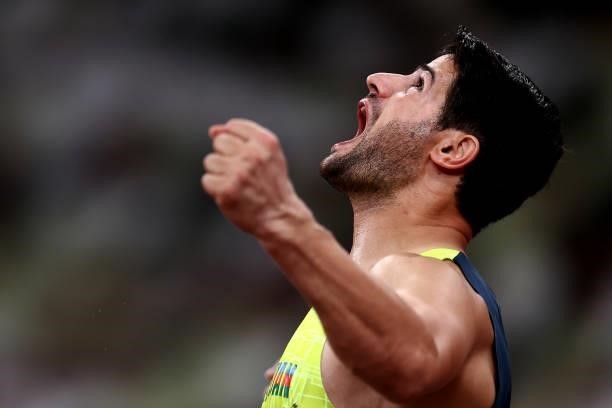 Hamed Heidari of Team Azerbaijan celebrates after winning gold in the Men’s Javelin Throw – F57 Final on day 4 of the Tokyo 2020 Paralympic Games at...