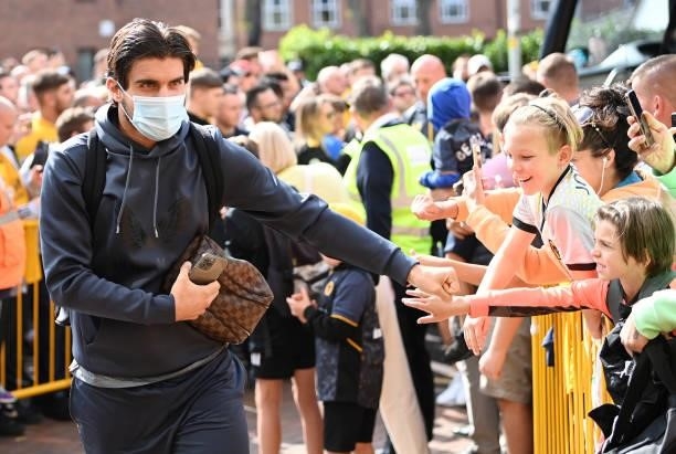 Ruben Neves of Wolverhampton Wanderers arrives ahead of the Premier League match between Wolverhampton Wanderers and Manchester United at Molineux on...