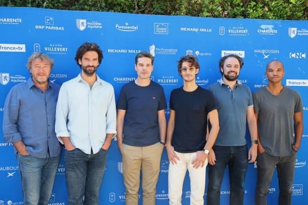 Olivier Rabourdin, Sebastien Pouderoux, director Yann Gozlan, Pierre Niney, co-screenwriters Nicolas Bouvet and Simon Moutairou attend the "Boite...