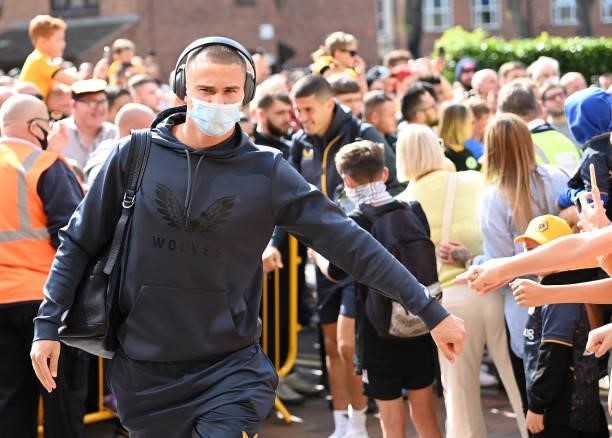 Daniel Podence of Wolverhampton Wanderers arrives ahead of the Premier League match between Wolverhampton Wanderers and Manchester United at Molineux...