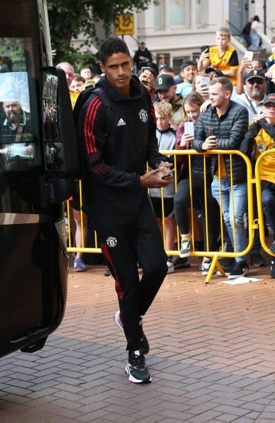 Raphael Varane of Manchester United arrives ahead of the Premier League match between Wolverhampton Wanderers and Manchester United at Molineux on...