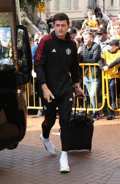 Harry Maguire of Manchester United arrives ahead of the Premier League match between Wolverhampton Wanderers and Manchester United at Molineux on...