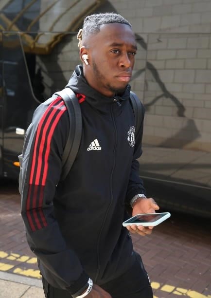 Aaron Wan-Bissaka of Manchester United arrives ahead of the Premier League match between Wolverhampton Wanderers and Manchester United at Molineux on...