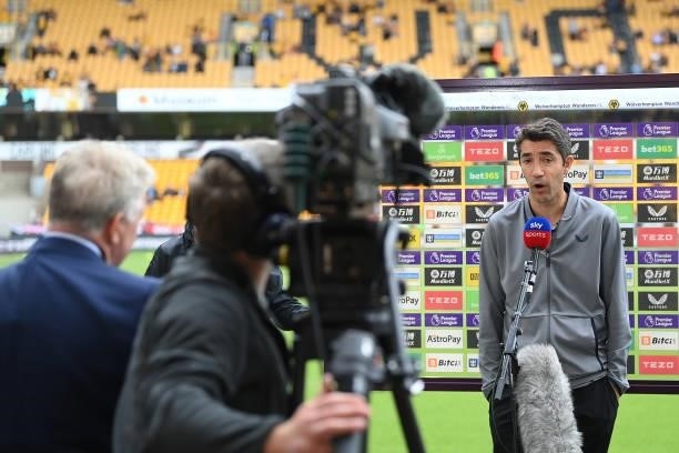 Bruno Lage, Manager of Wolverhampton Wanderers is interviewed ahead of the Premier League match between Wolverhampton Wanderers and Manchester United...