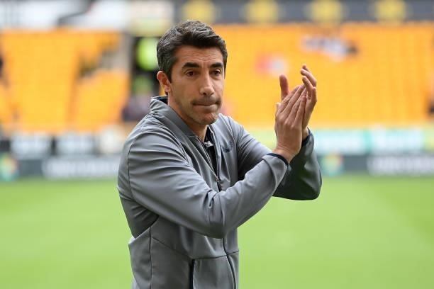 Bruno Lage, Manager of Wolverhampton Wanderers interacts with the crowd ahead of the Premier League match between Wolverhampton Wanderers and...