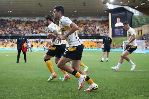 Raul Jimenez of Wolverhampton Wanderers warms up ahead of the Premier League match between Wolverhampton Wanderers and Manchester United at Molineux...