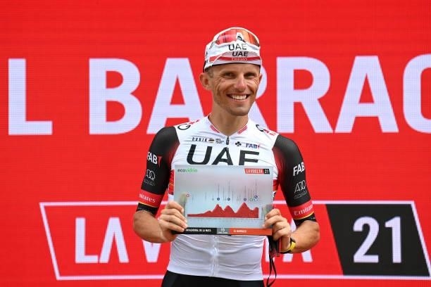 Rafal Majka of Poland and UAE Team Emirates celebrates winning the stage on the podium ceremony after the 76th Tour of Spain 2021, Stage 15 a 197,5km...