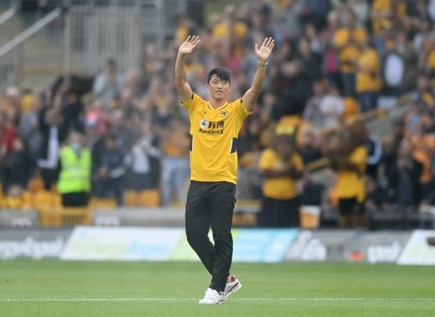 Hwang Hee-Chan of Wolverhampton Wanderers is introduced to the fans ahead of the Premier League match between Wolverhampton Wanderers and Manchester...