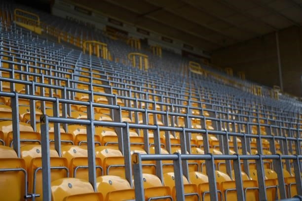 Detailed view of safe standing seats inside of the stadium ahead of the Premier League match between Wolverhampton Wanderers and Manchester United at...