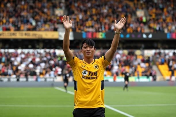 Hwang Hee-Chan of Wolverhampton Wanderers is introduced to the fans ahead of the Premier League match between Wolverhampton Wanderers and Manchester...