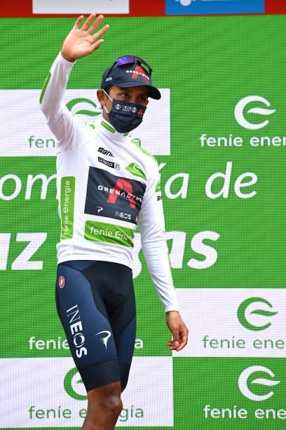 Egan Arley Bernal Gomez of Colombia and Team INEOS Grenadiers celebrates winning the white best young jersey on the podium ceremony after the 76th...