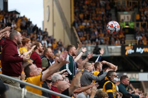 Fans of Wolverhampton Wanderers look on during the Premier League match between Wolverhampton Wanderers and Manchester United at Molineux on August...