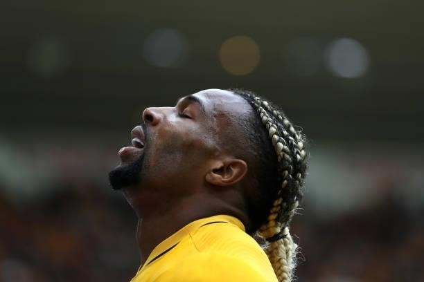 Adama Traore of Wolverhampton Wanderers reacts during the Premier League match between Wolverhampton Wanderers and Manchester United at Molineux on...