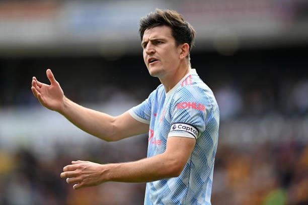 Harry Maguire of Manchester United gives instructions to their side during the Premier League match between Wolverhampton Wanderers and Manchester...