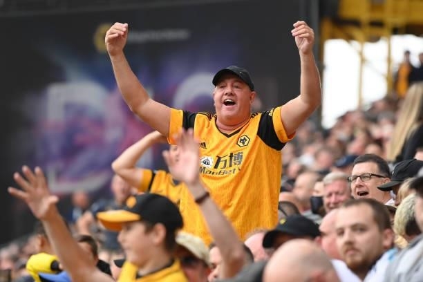 Fans of Wolverhampton Wanderers look on during the Premier League match between Wolverhampton Wanderers and Manchester United at Molineux on August...