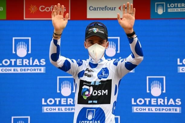 Romain Bardet of France and Team DSM polka dot mountain jersey celebrates winning the XXX on the podium ceremony after the 76th Tour of Spain 2021,...